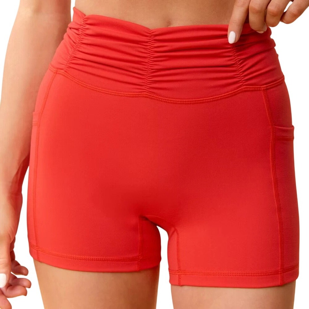Blogilates Women's Red Ruched High Waist Pocket Biker Shorts Size Large